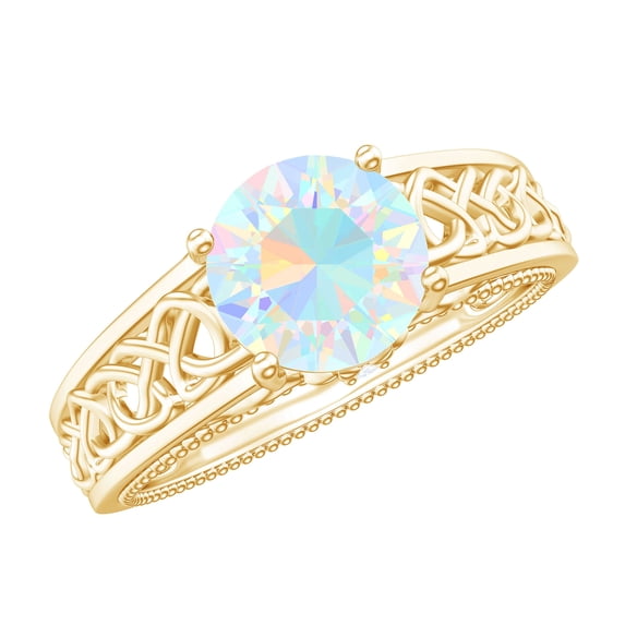 Rosec Jewels Vintage Inspired Ethiopian Opal Solitaire Celtic Band Ring with Diamond (AAA Quality), 14K Yellow Gold, US 4.50