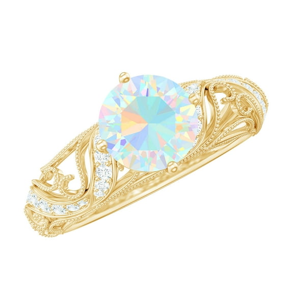 Rosec Jewels Vintage Inspired Ethiopian Opal Ring with Diamond - Engagement Ring, 14K Yellow Gold, US 11.50