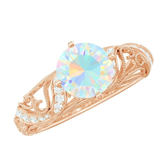 Rosec Jewels Vintage Inspired Ethiopian Opal Ring with Diamond - Engagement Ring, 18K Rose Gold, US 3.50