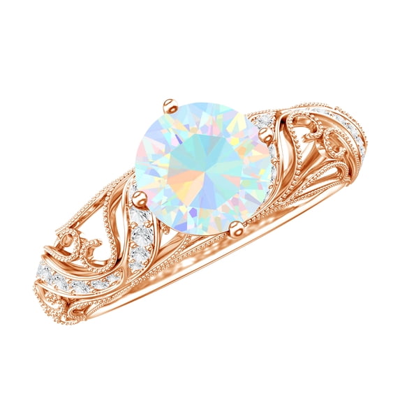 Rosec Jewels Vintage Inspired Ethiopian Opal Ring with Diamond - Engagement Ring, 18K Rose Gold, US 6.00
