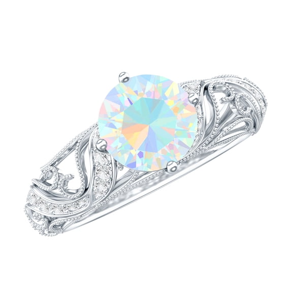 Rosec Jewels Vintage Inspired Ethiopian Opal Ring with Diamond - Engagement Ring, 925 Sterling Silver, US 4.00