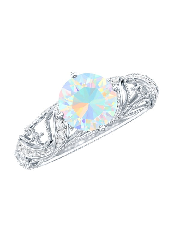 Vintage Inspired Ethiopian Opal Ring with Diamond - Engagement Ring, 925 Sterling Silver, US 6.00