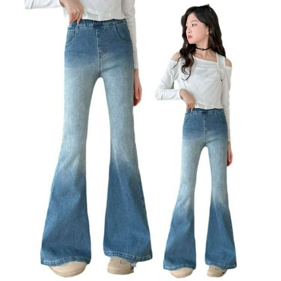 Vintage Style Flared Denim Jeans for Young Women - Cozy Stretch Bootcut Pants, Everyday Casual Wear with Elastic Waist