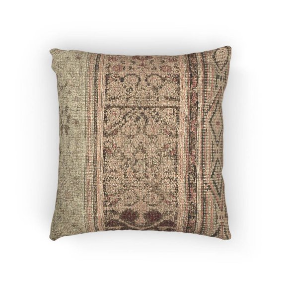 Vintage-Inspired Geometric Patchwork in Muted Beige, Brown and Red Woven Pillow, Rustic Distressed Style