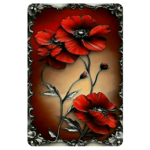 Vintage-Inspired Iron Garden Wall Art, 12x8 - Rustic Poppy Design with Metallic Frame, Earthy Tones for Home, Bar, Cafe & Garage Decor, Indoor Wall Art | Vintage Wall Art