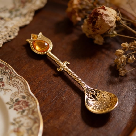 Vintage-Inspired Jewel-Handle Stainless Steel Dessert Spoon 4.92", Elegant Tableware for Ice Cream, Pudding, Coffee & Tea, Beautiful Gift and Tableware