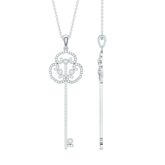 Rosec Jewels Vintage Style Moissanite Key Pendant Necklace - D-VS1 Quality Certified - with Chain - Ready to Gift with Jewelry Box, 14K White Gold