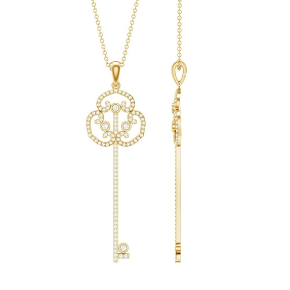Rosec Jewels Vintage Inspired Key Pendant Necklace with Certified Moissanite - D-VS1 Grade, 18K Yellow Gold