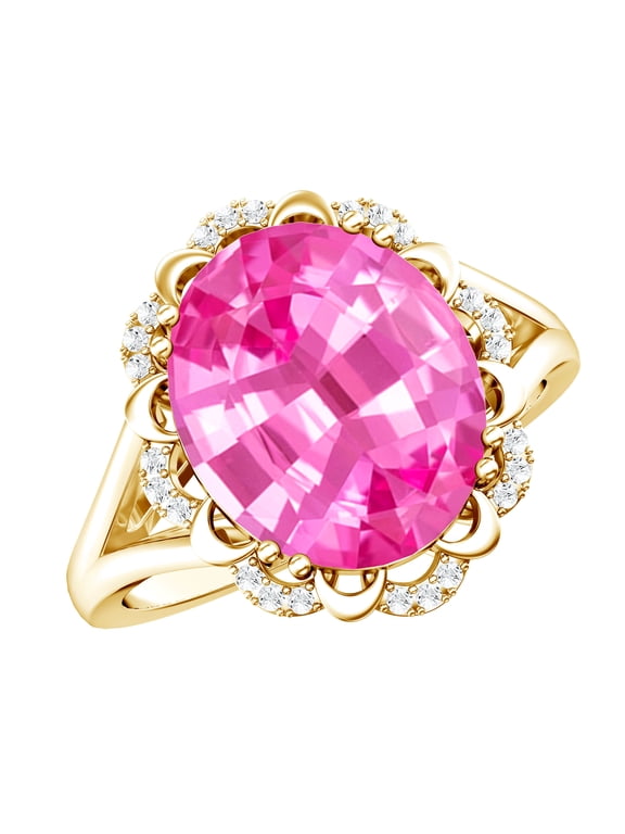 Lab Grown Pink Sapphire Oval Engagement Ring with Diamond - 6 Carat - Vintage Style Ring - AAAA Quality Certified, 10K Yellow Gold, US 5.00