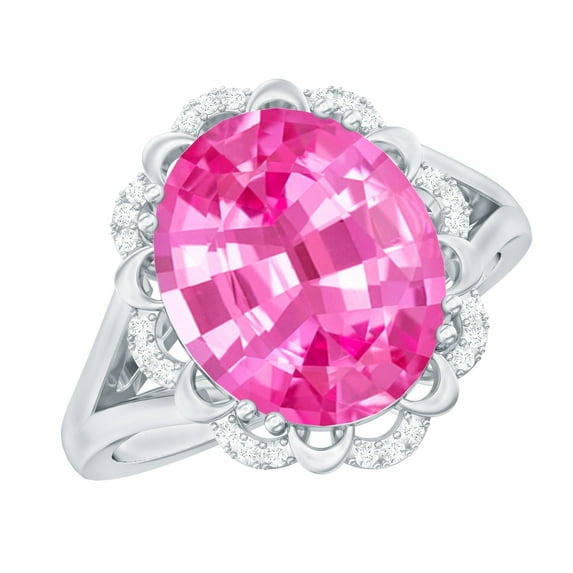 Rosec Jewels Lab Grown Pink Sapphire Oval Engagement Ring with Diamond - 10X12 mm - Vintage Style Ring - AAAA Quality Certified, 925 Sterling Silver, US 12.50