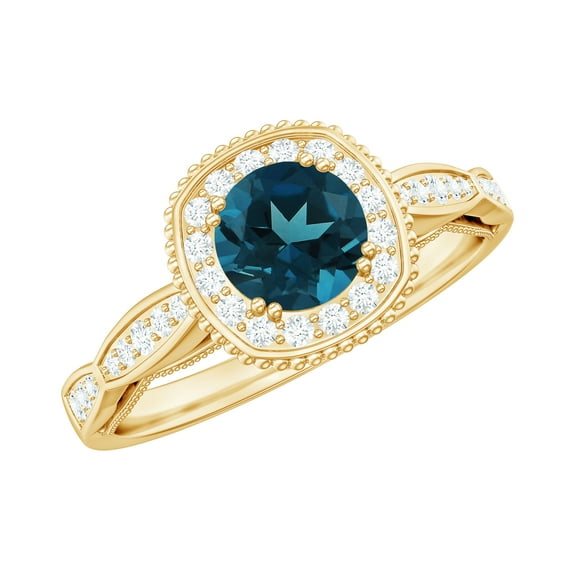 Rosec Jewels London Blue Topaz Diamond Engagement Ring for Women - Vintage Style Ring - 5 mm - AAA Quality Certified, 14K Yellow Gold, US 11.00
