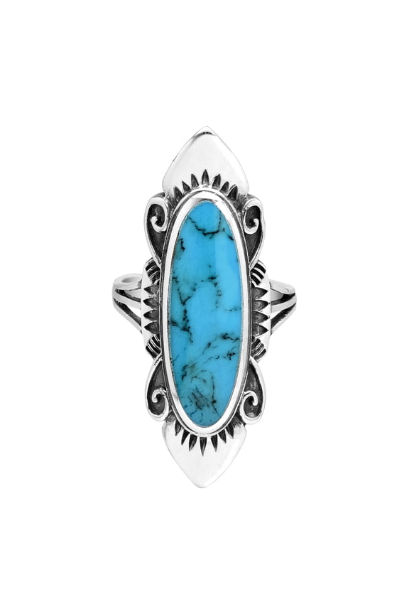 Vintage Inspired Long Oval Blue Turquoise Inlaid .925 Sterling Silver Ring
