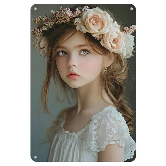 Vintage-Inspired Metal Portrait of a Young Girl with Floral Headpiece - Elegant Ornate Frame, Perfect for Christmas & Home Decor, 12x8 inches, Girly Room Decor, Perfect for Room Decor