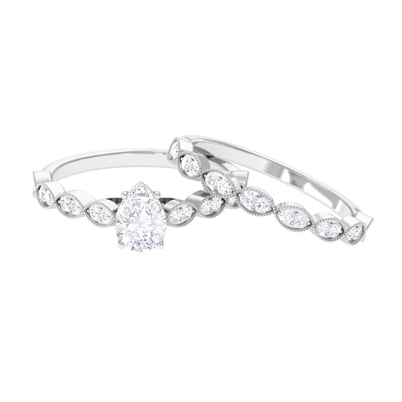 Rosec Jewels Moissanite Wedding Engagement Ring Set of 2 - Teardrop Engagement Ring with Band - D-VS1 Grade Certified, 925 Sterling Silver, US 13.00