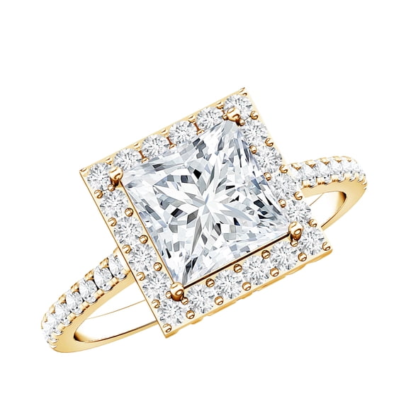 Rosec Jewels Certified Moissanite Princess Cut Engagement Ring 3 Carat - Moissanite Halo Ring - 8 mm - D-VS1 Quality, 14K Yellow Gold, US 3.00