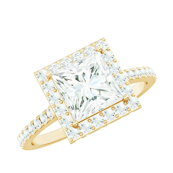 Rosec Jewels Certified Moissanite Princess Cut Engagement Ring 3 Carat - Moissanite Halo Ring - 8 mm - D-VS1 Quality, 14K Yellow Gold, US 5.00