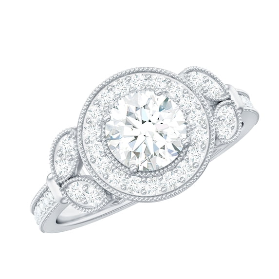 Rosec Jewels Vintage Inspired Moissanite Engagement Ring for Women - D-VS1 Grade, 18K White Gold, US 12.00