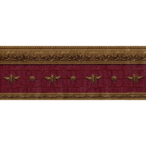 Vintage Inspired Napoleonic Bee Medallion Wallpaper Border on Maroon Leather Look Design - Gold Brown - Kitchen & Bath Wall Art - 15 feet Long