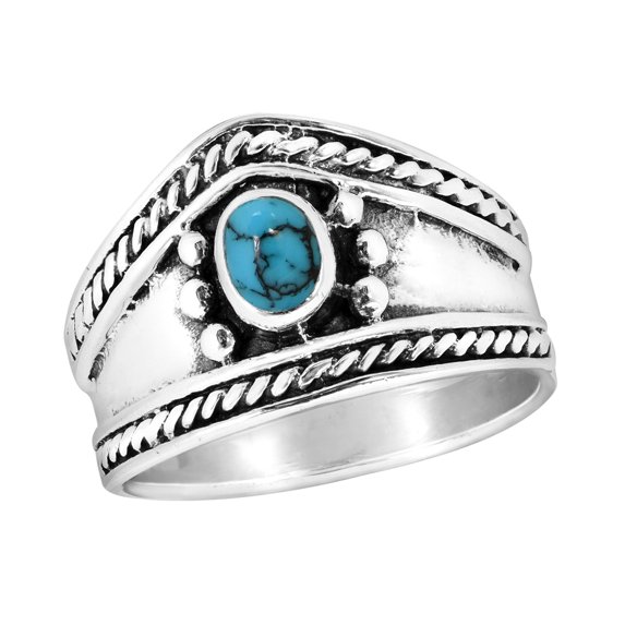 Vintage Inspired Oval Blue Turquoise Inlay Sterling Silver Statement Ring - 7