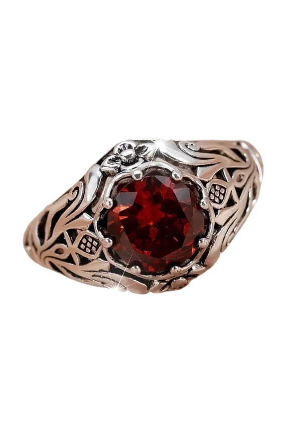 Vintage Inspired Red Zircon Rings Gothic Unisex Jewelry With Punk Edges Lightweight Alloy For Daily Wear Size 7