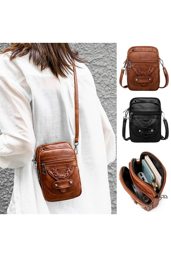 Vintage-Inspired Retro Shoulder Bag, a multi-functional crossbody purse with organized compartments for smartphones, essentials, and daily errands, offering style and convenience, Brown