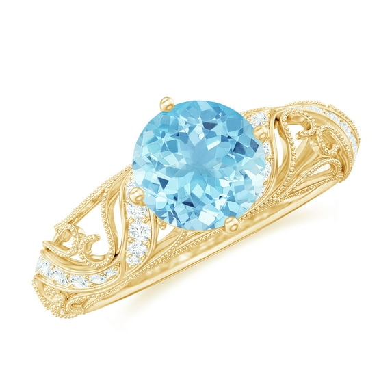 Rosec Jewels Aquamarine Diamond Engagement Ring for Women - Vintage Style Ring - 6 mm - AAA Quality Certified - with Jewelry Box, 14K Yellow Gold, US 12.50