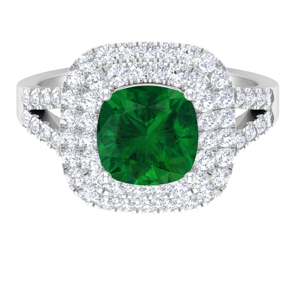 Vintage Inspired Ring - Lab Grown Emerald Ring with Moissanite Double ...