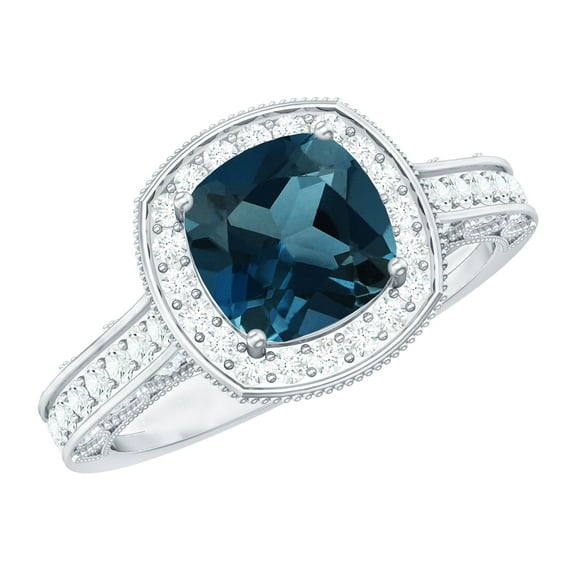 Rosec Jewels Vintage Inspired Ring - London Blue Topaz Ring with Diamond Halo - 8 mm, 14K White Gold, US 13.00