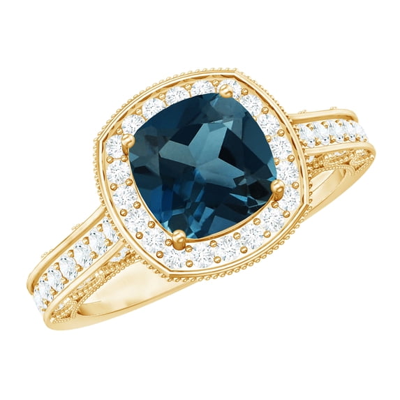 Vintage Inspired Ring - London Blue Topaz Ring with Diamond Halo - 8 mm, 18K Yellow Gold, US 3.50