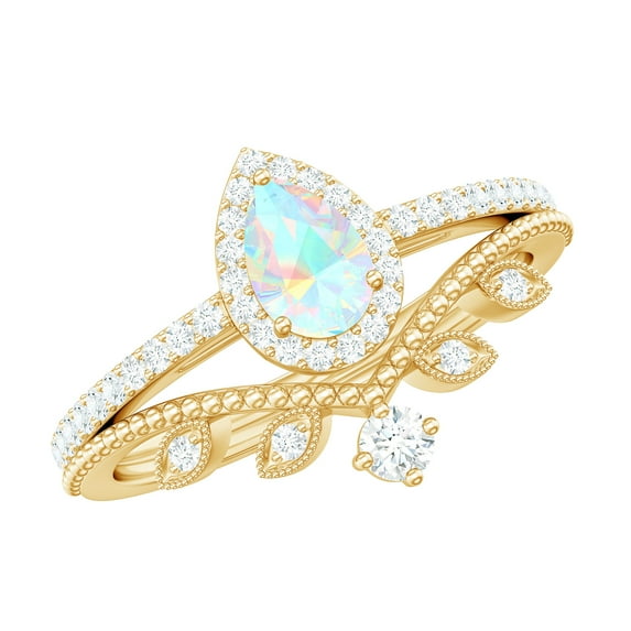 Rosec Jewels Vintage Style Ethiopian Opal Wedding Bridal Ring Set of 2 - AAA Grade - Opal Diamond Engagement Ring with Enhancer, 10K Yellow Gold, US 3.50