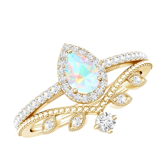 Rosec Jewels Vintage Style Ethiopian Opal Wedding Bridal Ring Set of 2 - AAA Grade - Opal Diamond Engagement Ring with Enhancer, 14K Yellow Gold, US 8.00