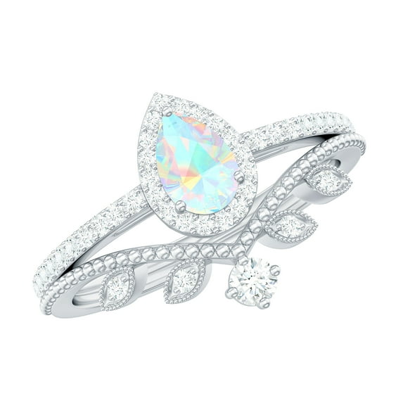 Rosec Jewels Vintage Style Ethiopian Opal Wedding Bridal Ring Set of 2 - AAA Grade - Opal Diamond Engagement Ring with Enhancer, 925 Sterling Silver, US 4.00