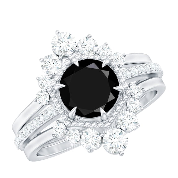 Rosec Jewels Real Black Spinel Wedding Bridal Ring Set of 3 - Vintage Style Engagement Ring with Enhancer - AAA Quality, 10K White Gold, US 3.50