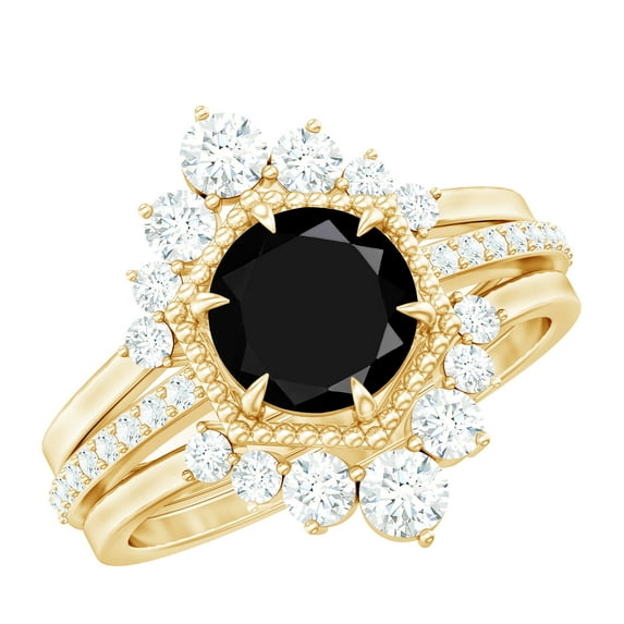 Rosec Jewels Real Black Spinel Wedding Bridal Ring Set of 3 - Vintage Style Engagement Ring with Enhancer - AAA Quality, 18K Yellow Gold, US 8.50