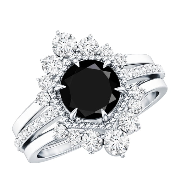 Rosec Jewels Real Black Spinel Wedding Bridal Ring Set of 3 - Vintage Style Engagement Ring with Enhancer - AAA Quality, 925 Sterling Silver, US 4.00