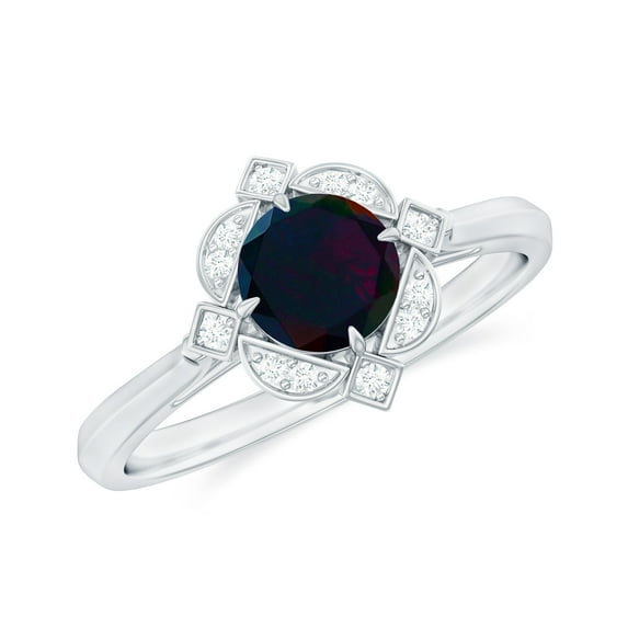 Rosec Jewels Vintage Inspired Ring for Women, Black Opal Ring with Diamond - AAA Quality, 10K White Gold, US 10.50