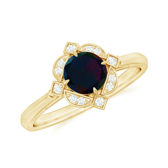 Rosec Jewels Vintage Inspired Ring for Women, Black Opal Ring with Diamond - AAA Quality, 18K Yellow Gold, US 8.00