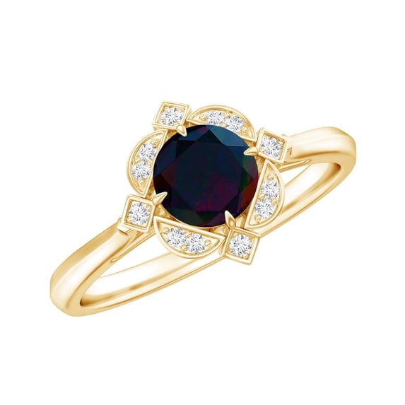 Rosec Jewels Vintage Inspired Ring for Women, Black Opal Ring with Diamond - AAA Quality, 18K Yellow Gold, US 8.00