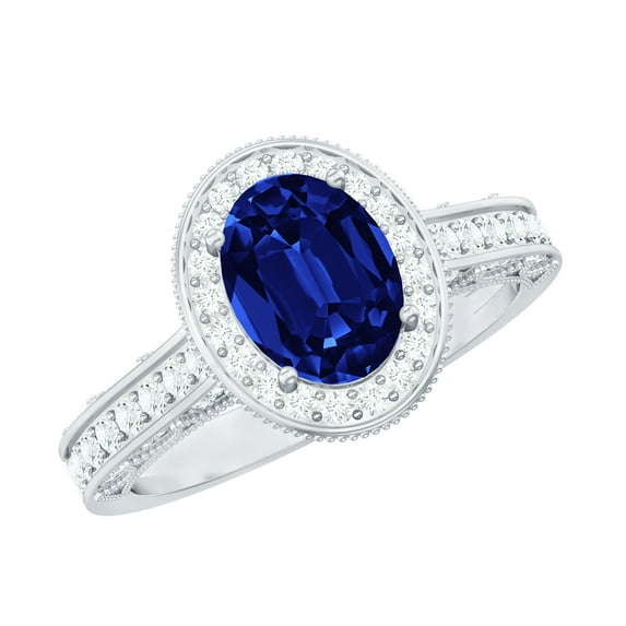Rosec Jewels Vintage Inspired Ring for Women - Created Blue Sapphire Ring with Diamond Halo, 18K White Gold, US 3.50