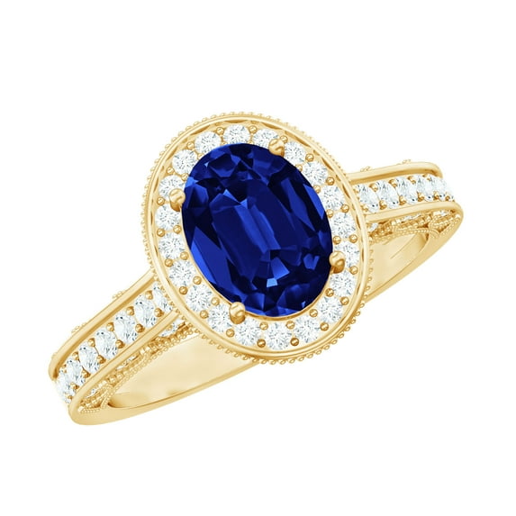 Rosec Jewels Vintage Inspired Ring for Women - Created Blue Sapphire Ring with Diamond Halo, 18K Yellow Gold, US 7.00