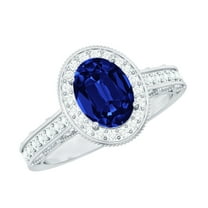 Rosec Jewels Vintage Inspired Ring for Women - Created Blue Sapphire Ring with Diamond Halo, 925 Sterling Silver, US 4.00