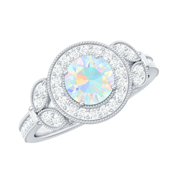 Rosec Jewels Vintage Inspired Ring for Women, Ethiopian Opal Ring with Diamond - 6 MM, 10K White Gold, US 12.00