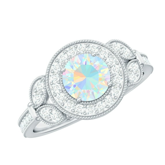 Rosec Jewels Vintage Inspired Ring for Women, Ethiopian Opal Ring with Diamond - 6 MM, 10K White Gold, US 7.00