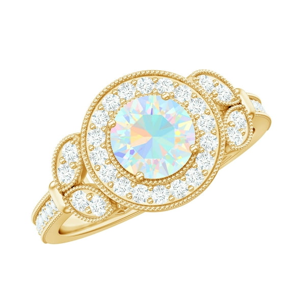 Rosec Jewels Vintage Inspired Ring for Women, Ethiopian Opal Ring with Diamond - 6 MM, 10K Yellow Gold, US 12.00