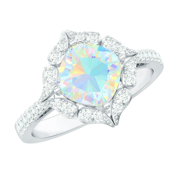 Rosec Jewels Ethiopian Opal Cushion Cut Engagement Ring with Diamond - Vintage Style Ring (8 mm, AAA Grade) - With Jewelry Box, 10K White Gold, US 12.00