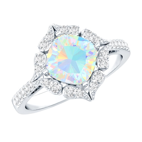 Rosec Jewels Ethiopian Opal Cushion Cut Engagement Ring with Diamond - Vintage Style Ring (8 mm, AAA Grade) - With Jewelry Box, 14K White Gold, US 10.00