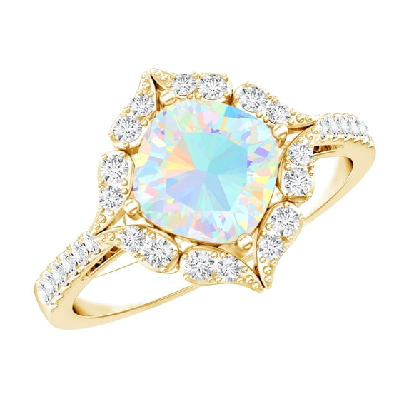 Rosec Jewels Ethiopian Opal Cushion Cut Engagement Ring with Diamond - Vintage Style Ring (8 mm, AAA Grade) - With Jewelry Box, 14K Yellow Gold, US 12.50