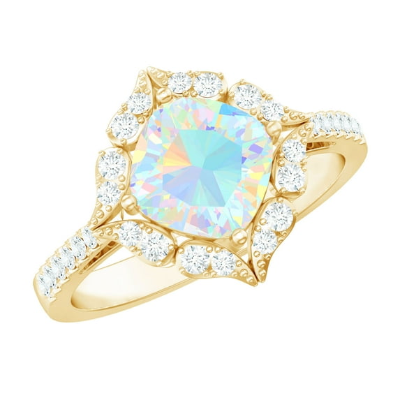 Rosec Jewels Ethiopian Opal Cushion Cut Engagement Ring with Diamond - Vintage Style Ring (8 mm, AAA Grade) - With Jewelry Box, 18K Yellow Gold, US 10.50