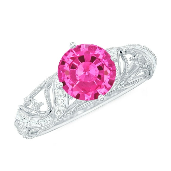 Rosec Jewels Vintage Inspired Ring for Women, Lab Grown Pink Sapphire Ring with Diamond, 10K White Gold, US 6.00