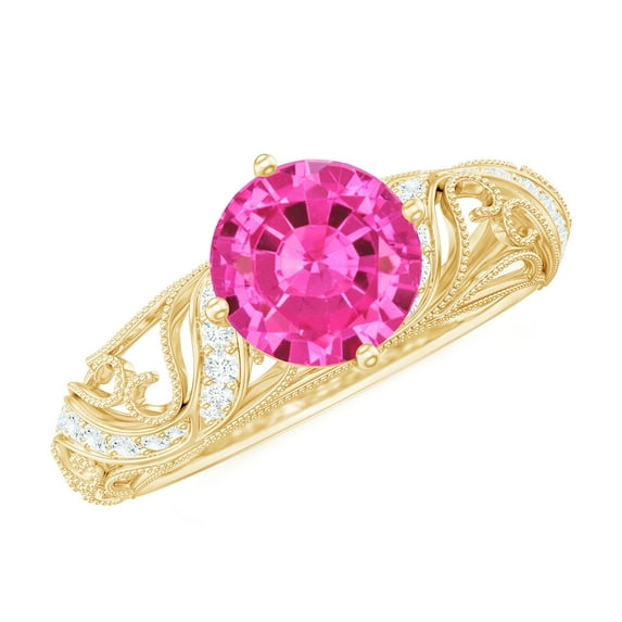 Rosec Jewels Vintage Inspired Ring for Women, Lab Grown Pink Sapphire Ring with Diamond, 10K Yellow Gold, US 6.50